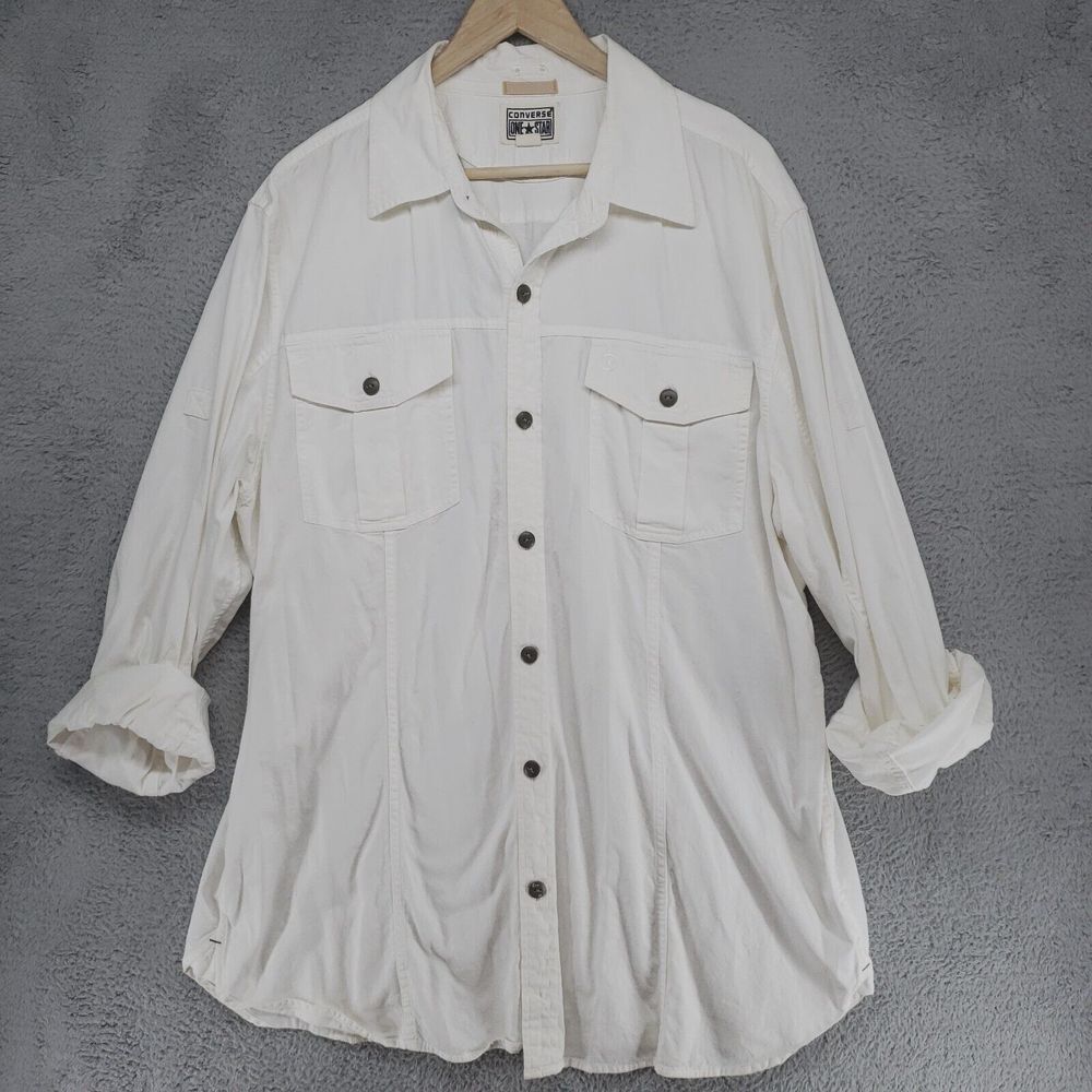 Converse One Star Button Up Shirt Mens XL Ivory Long Sleeve Thick Casual